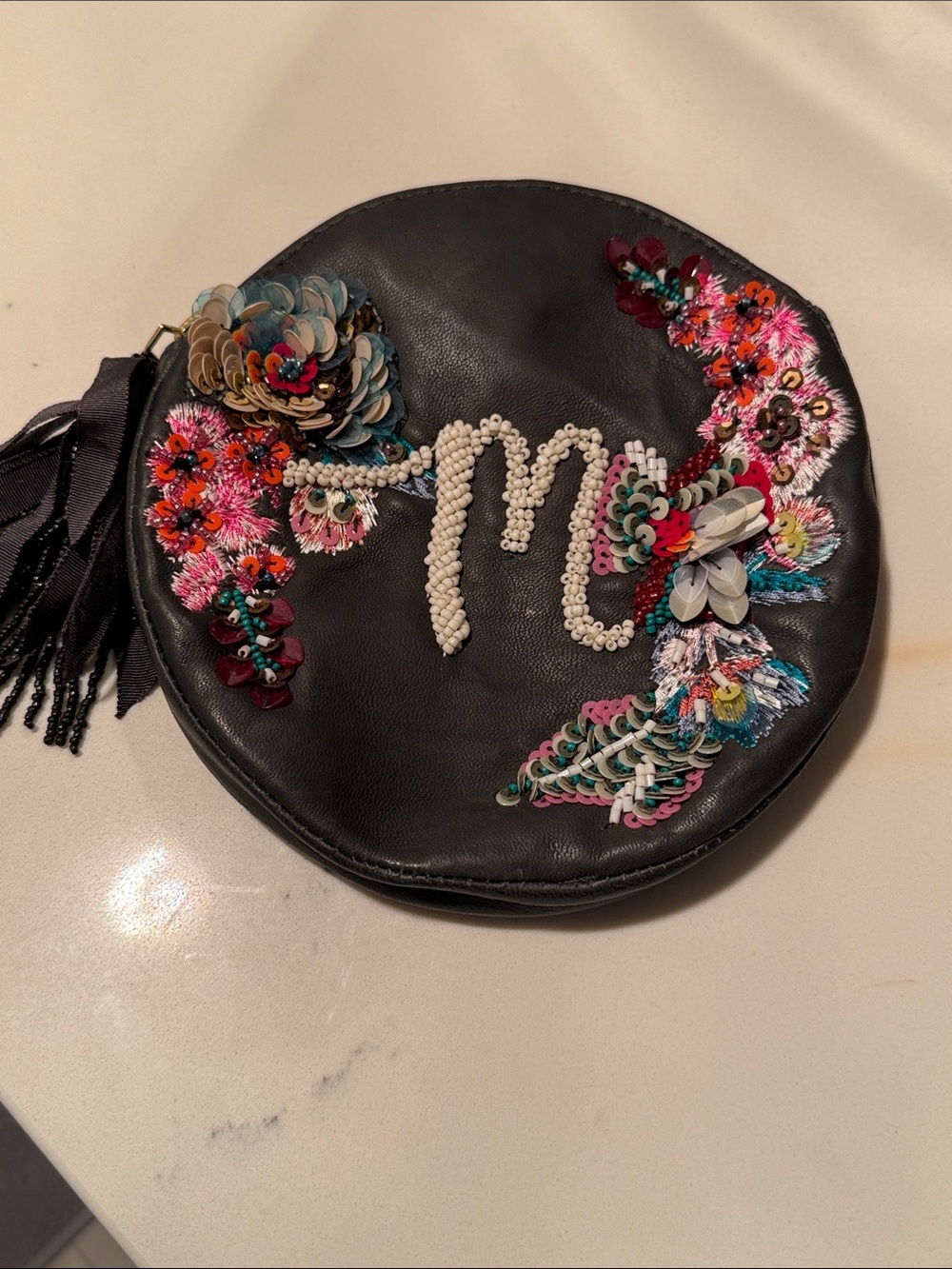 Anthropologie - M- Embellished Black Round Bag with Floral Sequins